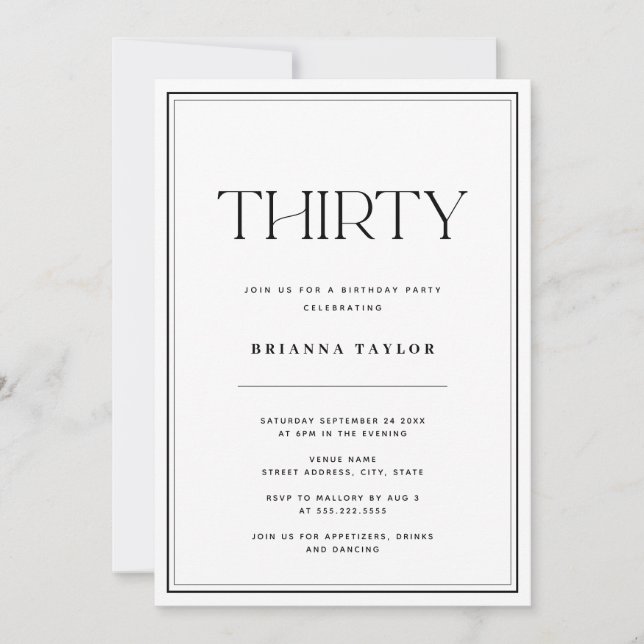 Modern Typography Black & White 30th Birthday Invitation (Front)