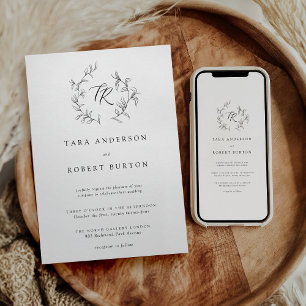 Modern Typography Black & White Botanical Wedding Invitation