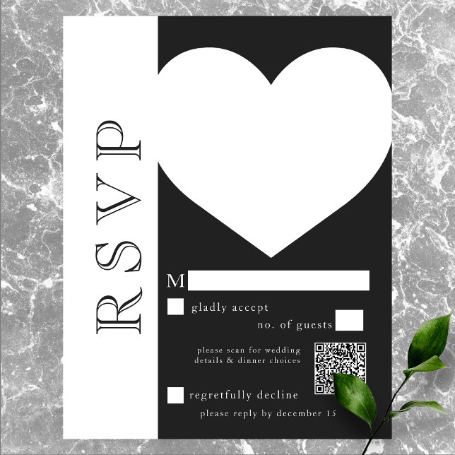 Modern Typography Black White Heart Wedding QR RSVP Card (Creator Uploaded)