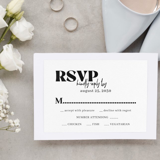 Modern typography black white meal choice wedding RSVP card (Creator Uploaded)