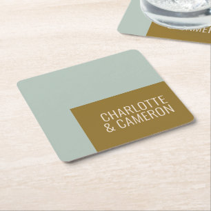 Modern Typography Blue and Olive Wedding Custom Square Paper Coaster