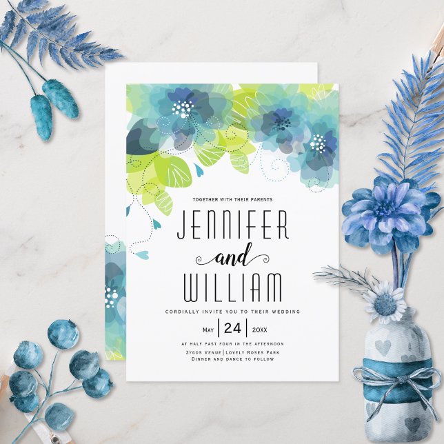 Modern typography blue flowers floral wedding invitation (Creator Uploaded)