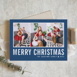 Modern Typography Blue Photo Collage Christmas Holiday Card<br><div class="desc">Merry Christmas! Send your warm wishes this season with this customisable photo collage Christmas card. It features simple typography with a blue background. Personalise by adding your photos,  names,  year and other details. This modern Christmas card is available in other colours and cardstock.</div>