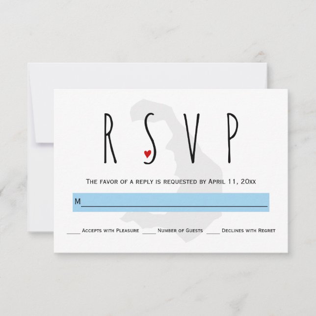 Modern typography blue Santorini wedding RSVP card (Front)