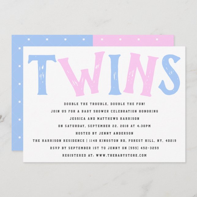 Modern Typography Boy & Girl Twins Baby Shower Invitation (Front/Back)