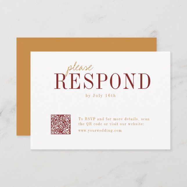 Modern typography burgundy fall wedding QR code RSVP Card (Front/Back)