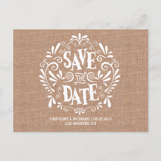 MODERN TYPOGRAPHY | BURLAP |SAVE THE DATE POSTCARD (Front)