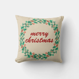 Modern Typography Christmas Berry Wreath  Holiday Cushion
