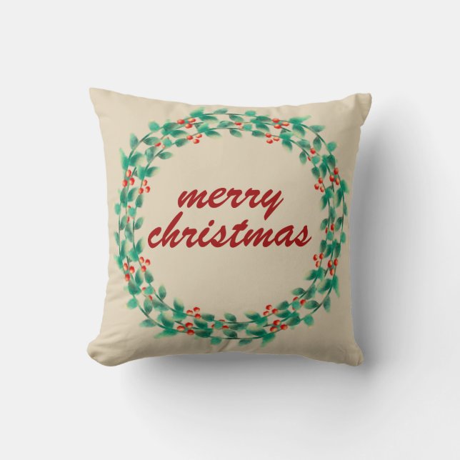 Modern Typography Christmas Berry Wreath  Holiday Cushion (Front)