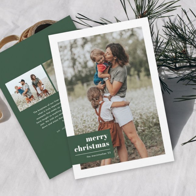 Modern Typography Colour Block Photo Christmas Holiday Card (Modern green typography tag merry christmas 3 photo holiday card.)