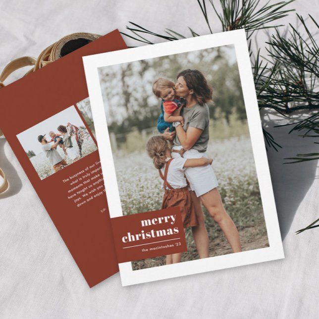 Modern Typography Colour Block Photo Christmas Holiday Card (Modern typography tag merry christmas 3 photo holiday card.)