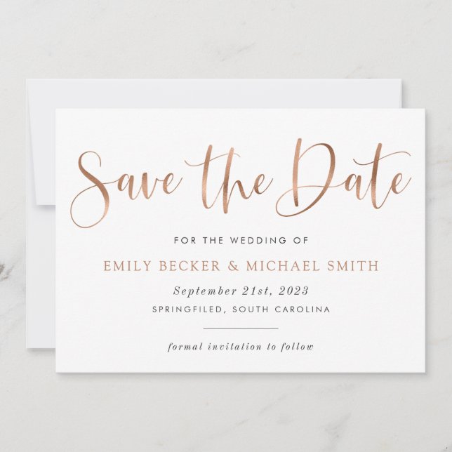Modern Typography Copper Blush Foil Save the Date Invitation (Front)
