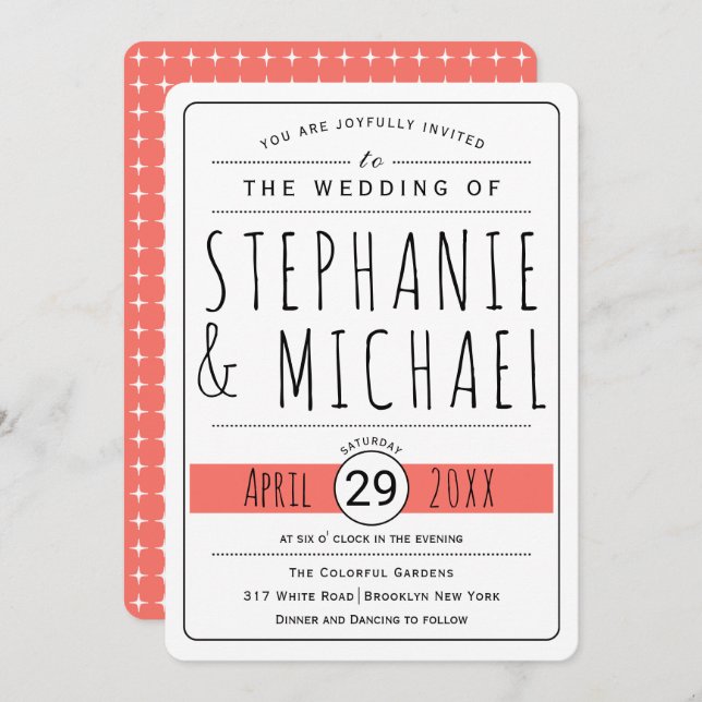 Modern typography coral living wedding rounded invitation (Front/Back)