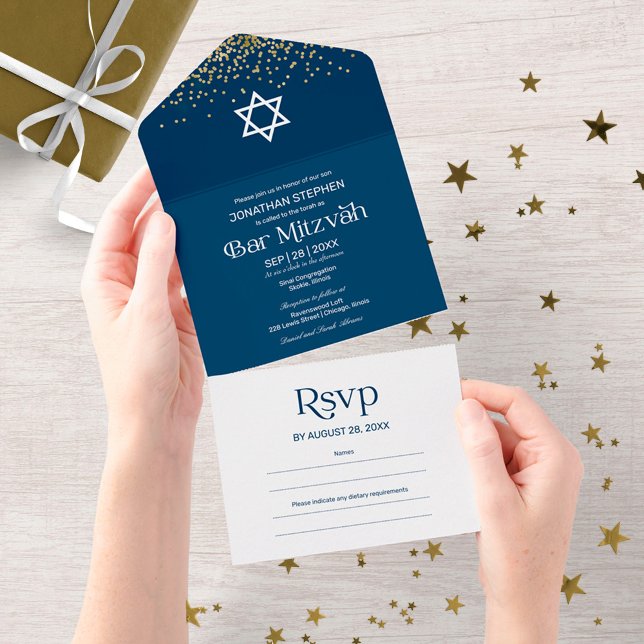Modern Typography Dark Blue Confetti Bar Mitzvah All In One Invitation (Creator Uploaded)