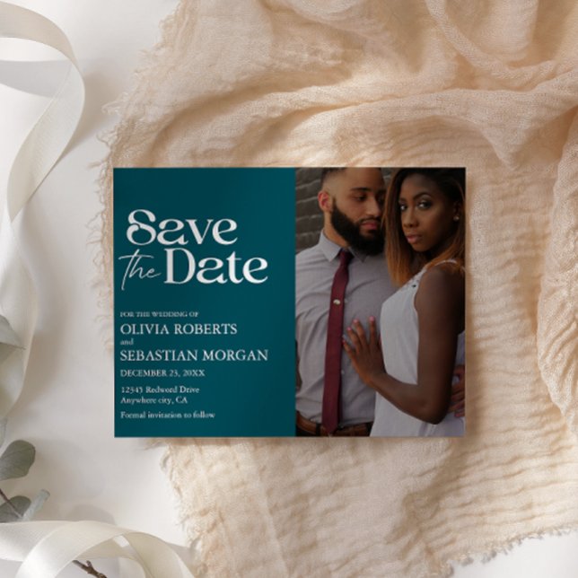 Modern Typography Deep Teal  Photo Wedding Save The Date (Creator Uploaded)