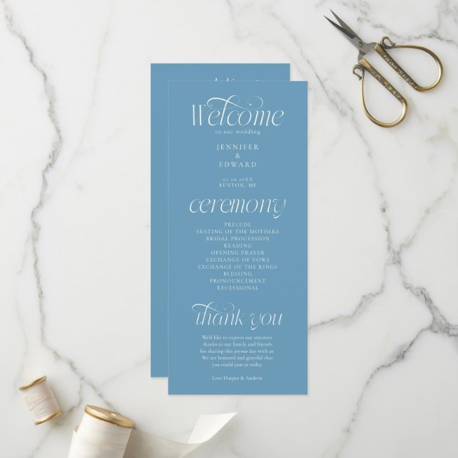 Modern Typography Denim Blue Wedding Program (Front/Back In Situ)