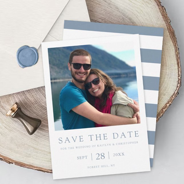 Modern Typography Dusty Blue Minimalistic Photo Save The Date (Creator Uploaded)