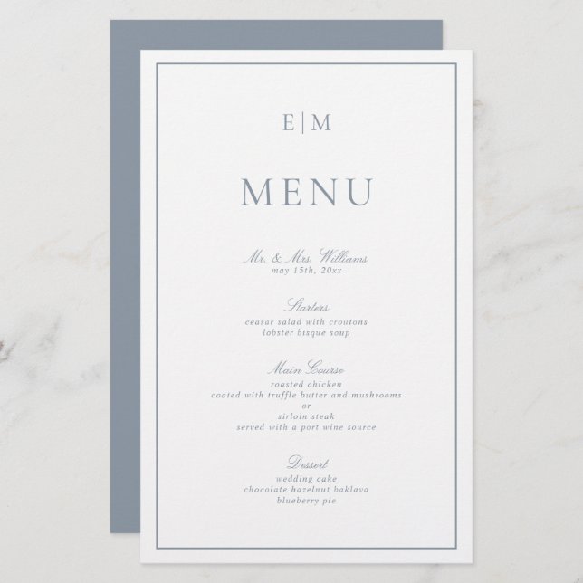 Modern Typography Dusty Blue Monogram Wedding Menu (Front/Back)