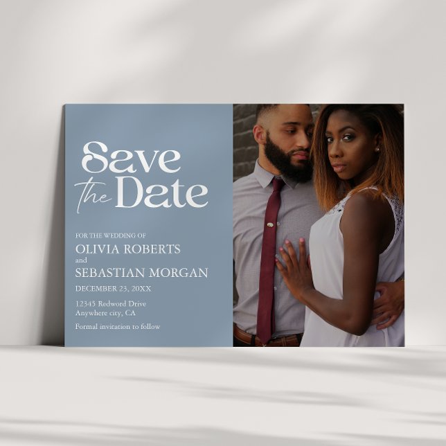 Modern Typography Dusty Blue Photo Wedding Save The Date (Creator Uploaded)