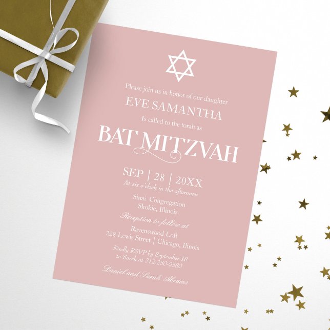 Modern Typography Dusty Pink Bat Mitzvah Invitation (Creator Uploaded)