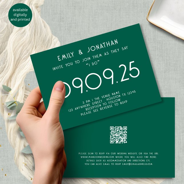 Modern Typography Emerald Green Wedding Invitation (Front and back view)