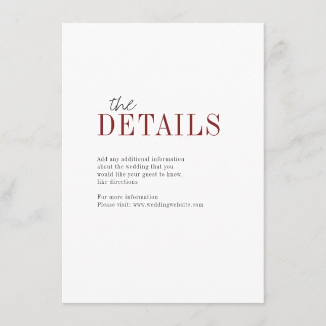 Modern typography fall wedding detail card (Front)