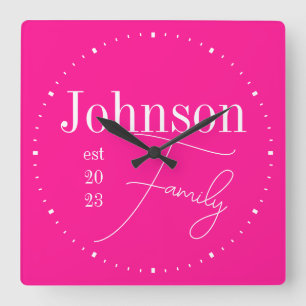 Modern Typography Family Hot Pink Square Wall Clock