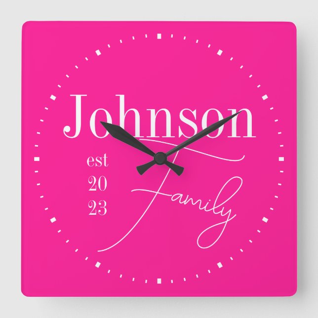 Modern Typography Family Hot Pink Square Wall Clock (Front)