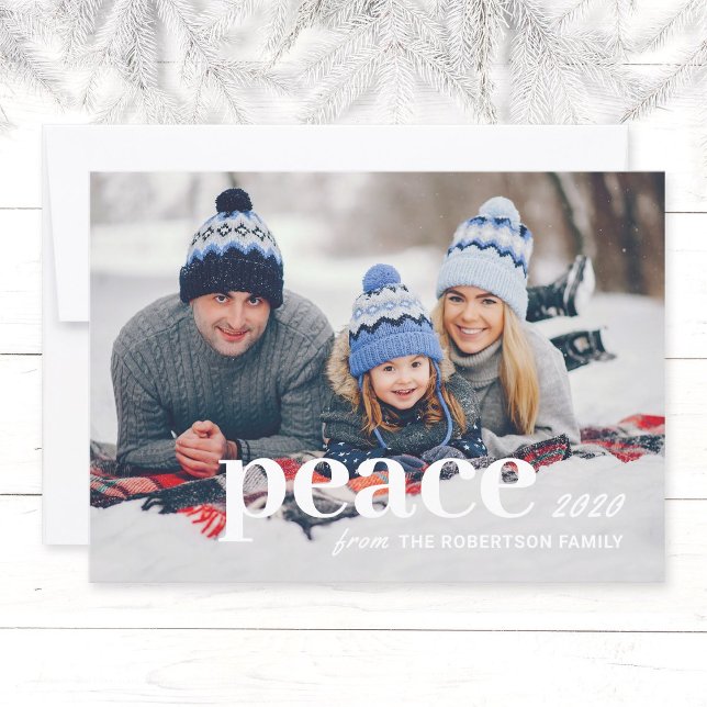Modern Typography Family Photo Christmas Card (Simple, modern Holiday family  photo Christmas card with the text "Peace", family name and year.)