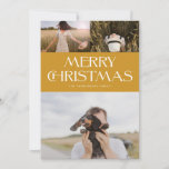 Modern Typography Family Photo Collage Christmas Holiday Card<br><div class="desc">Modern Holiday Card featuring a golden yellow colour block,  a photo collage of your favourite 3 images,  modern typography and fully customisable colours.</div>