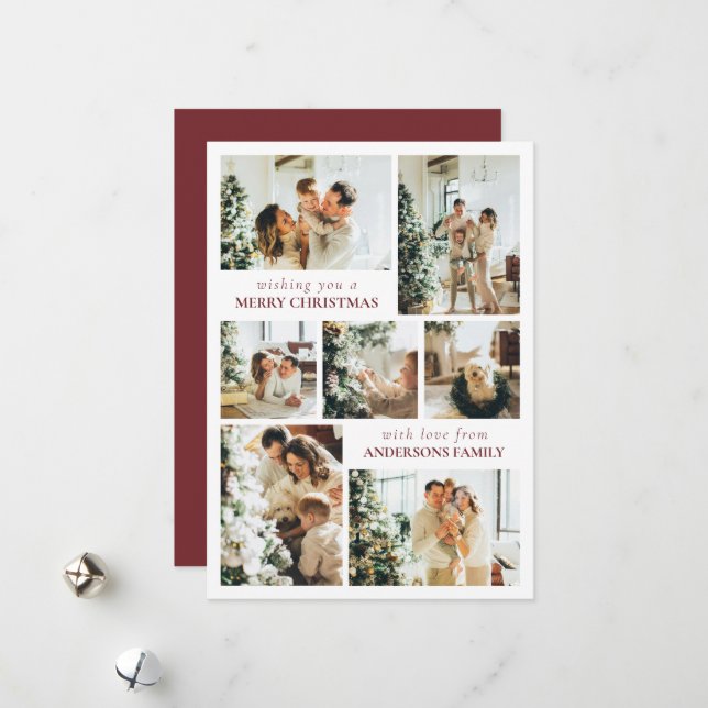 Modern Typography Family Photo Red Christmas Card (Front/Back In Situ)