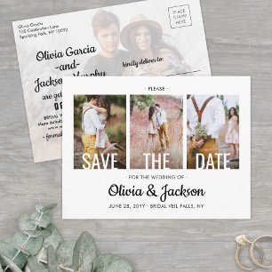 Modern Typography Four Photo Wedding Save the Date Announcement Postcard