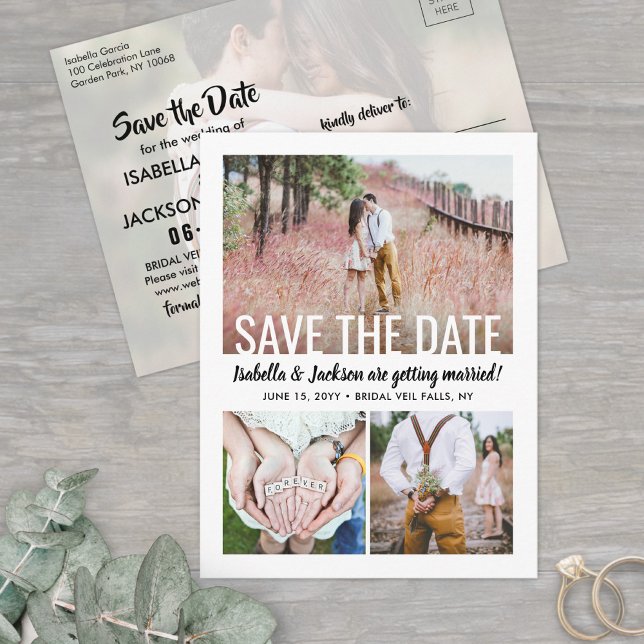 Modern Typography Four Photo Wedding Save the Date Announcement Postcard (Creator Uploaded)