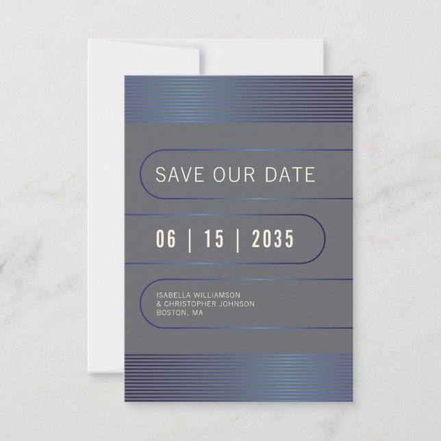 Modern typography geometric blue metallic save the date (Front)