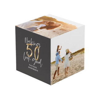 modern typography gold black 50th birthday cube