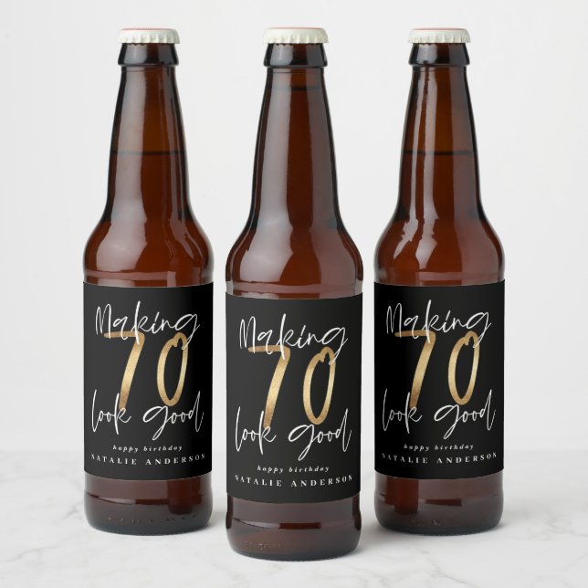 Modern typography gold elegant chic 70th birthday beer bottle label (Bottles)