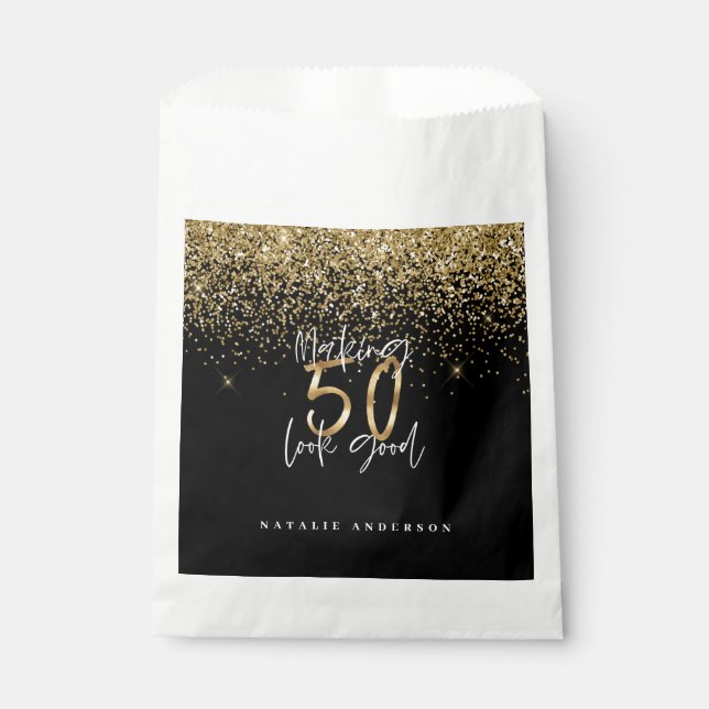 Modern typography gold glitter chic 50th birthday  favour bag (Front)