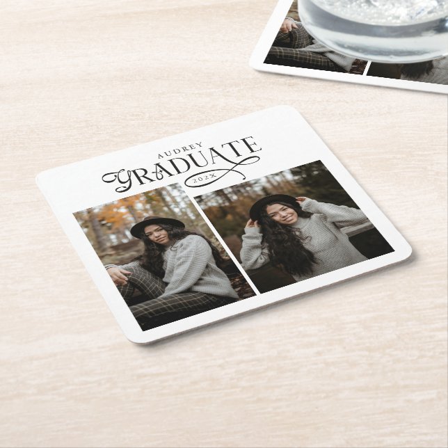 Modern Typography Graduate Photo Graduation Square Paper Coaster (Angled)