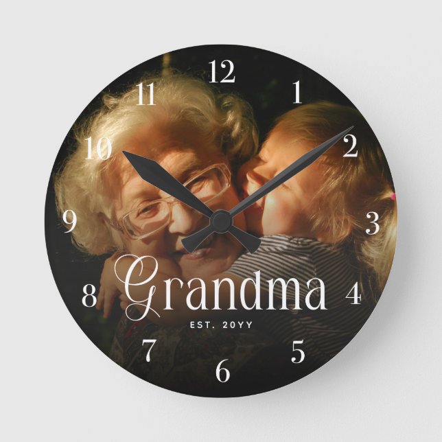 Modern Typography Grandma Custom Photo Gift Round Clock (Front)