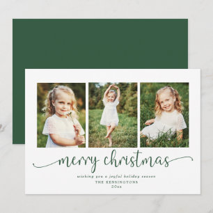 Modern Typography Green Christmas Holiday 3 Photo Card