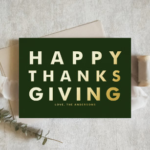 Modern Typography Green Happy Thanksgiving Gold Foil Holiday Card