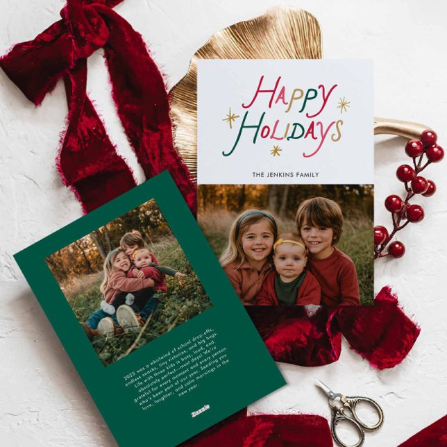 Modern Typography Happy Holidays Two Photo Card (Minimal Modern Happy Holidays Photo Christmas Card)