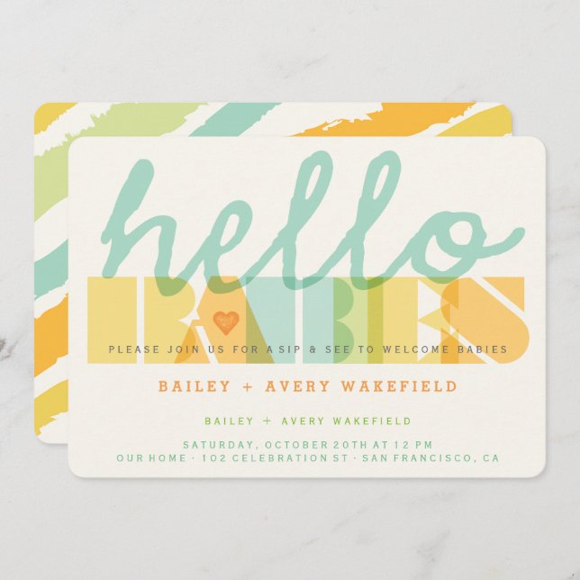 Modern Typography Hello Babies Twins Sip & See Invitation (Front/Back)