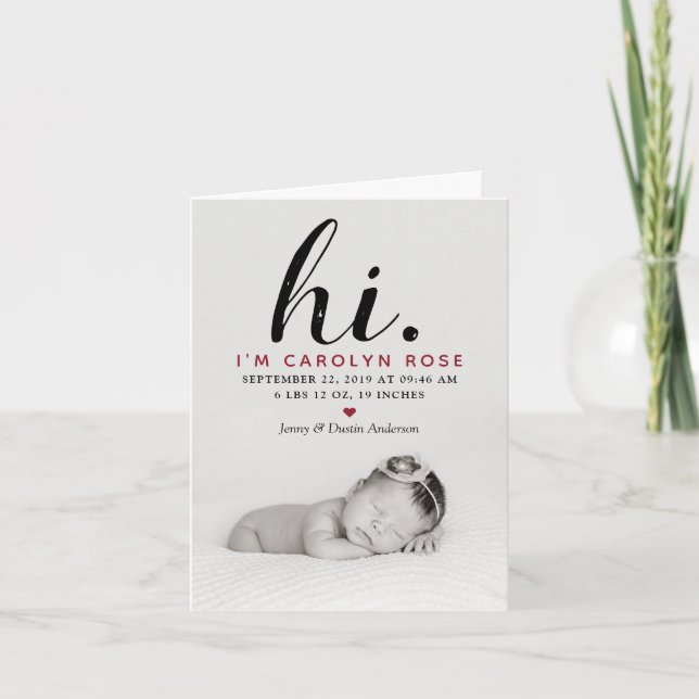 Modern Typography "Hi." Photo Birth Announcement (Front)