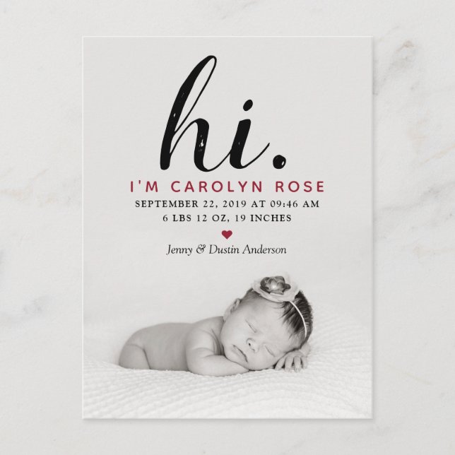 Modern Typography "Hi." Photo Birth Announcement (Front)