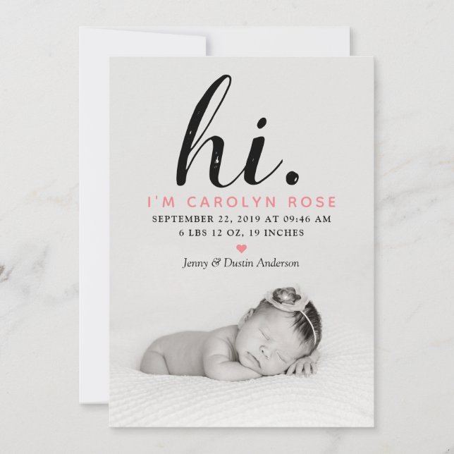 Modern Typography "Hi." Photo Birth Announcement (Front)