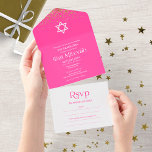 Modern Typography Hot Pink Confetti Bat Mitzvah Al All In One Invitation<br><div class="desc">An elegant hot pink bat Mitzvah invitation, easy to personalise with your details. PLEASE NOTE: This invitation is ready to send without an envelope; include the return address on the backside; if you plan to send it using an envelope, please let in blank the return address details ( backside). GUEST...</div>
