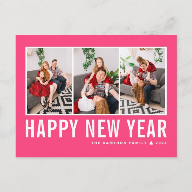 Modern Typography Hot Pink Photo Collage New Year Holiday Postcard (Front)