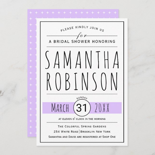 Modern typography lavender wedding bridal shower invitation (Front/Back)