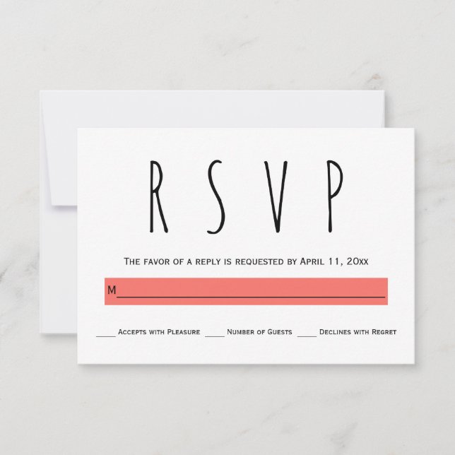 Modern typography living coral wedding RSVP card (Front)